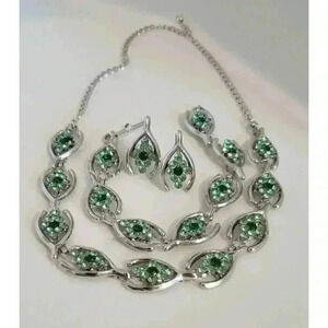 Vintage good luck Necklace Bracelet Earrings Set Silver Wishbone Rhinestone